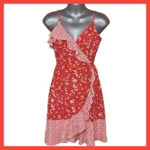 Skies Are Blue Red Floral Ruffle Wrap Dress Sleeveless Summer‎ Casual